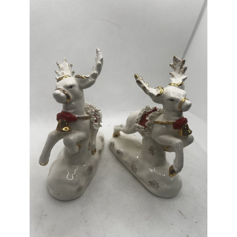 2 Vintage Napco 1956 Reindeer AX1696 Figurine Spaghetti Trim Red Saddle chip